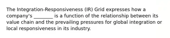 The Integration-Responsiveness (IR) Grid expresses how a company's ________ is a function of the relationship between its value chain and the prevailing pressures for global integration or local responsiveness in its industry.