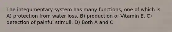 The integumentary system has many functions, one of which is A) protection from water loss. B) production of Vitamin E. C) detection of painful stimuli. D) Both A and C.