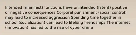 Intended (manifest) functions have unintended (latent) positive or negative consequences Corporal punishment (social control) may lead to increased aggression Spending time together in school (socialization) can lead to lifelong friendships The internet (innovation) has led to the rise of cyber crime