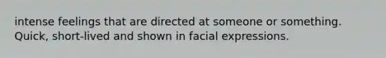 intense feelings that are directed at someone or something. Quick, short-lived and shown in facial expressions.