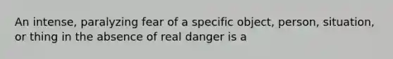 An intense, paralyzing fear of a specific object, person, situation, or thing in the absence of real danger is a