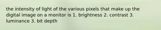 the intensity of light of the various pixels that make up the digital image on a monitor is 1. brightness 2. contrast 3. luminance 3. bit depth