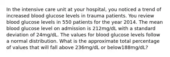 In the intensive care unit at your hospital, you noticed a trend of increased blood glucose levels in trauma patients. You review blood glucose levels in 550 patients for the year 2014. The mean blood glucose level on admission is 212mg/dL with a standard deviation of 24mg/dL. The values for blood glucose levels follow a normal distribution. What is the approximate total percentage of values that will fall above 236mg/dL or below188mg/dL?