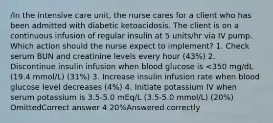 /In the intensive care unit, the nurse cares for a client who has been admitted with diabetic ketoacidosis. The client is on a continuous infusion of regular insulin at 5 units/hr via IV pump. Which action should the nurse expect to implement? 1. Check serum BUN and creatinine levels every hour (43%) 2. Discontinue insulin infusion when blood glucose is <350 mg/dL (19.4 mmol/L) (31%) 3. Increase insulin infusion rate when blood glucose level decreases (4%) 4. Initiate potassium IV when serum potassium is 3.5-5.0 mEq/L (3.5-5.0 mmol/L) (20%) OmittedCorrect answer 4 20%Answered correctly