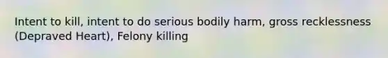 Intent to kill, intent to do serious bodily harm, gross recklessness (Depraved Heart), Felony killing