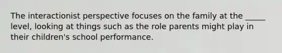 The interactionist perspective focuses on the family at the _____ level, looking at things such as the role parents might play in their children's school performance.