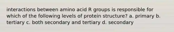 interactions between amino acid R groups is responsible for which of the following levels of protein structure? a. primary b. tertiary c. both secondary and tertiary d. secondary