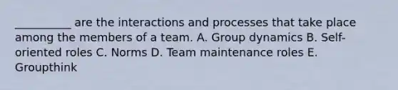 ​__________ are the interactions and processes that take place among the members of a team. A. Group dynamics B. Self-oriented roles C. Norms D. Team maintenance roles E. Groupthink