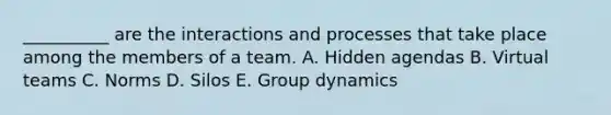 __________ are the interactions and processes that take place among the members of a team. A. Hidden agendas B. Virtual teams C. Norms D. Silos E. Group dynamics