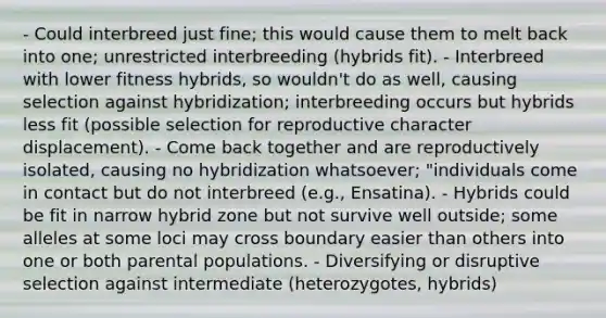 - Could interbreed just fine; this would cause them to melt back into one; unrestricted interbreeding (hybrids fit). - Interbreed with lower fitness hybrids, so wouldn't do as well, causing selection against hybridization; interbreeding occurs but hybrids less fit (possible selection for reproductive character displacement). - Come back together and are reproductively isolated, causing no hybridization whatsoever; "individuals come in contact but do not interbreed (e.g., Ensatina). - Hybrids could be fit in narrow hybrid zone but not survive well outside; some alleles at some loci may cross boundary easier than others into one or both parental populations. - Diversifying or disruptive selection against intermediate (heterozygotes, hybrids)