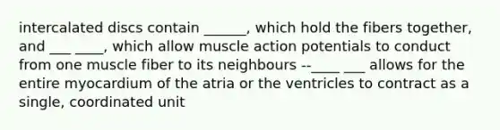 intercalated discs contain ______, which hold the fibers together, and ___ ____, which allow muscle action potentials to conduct from one muscle fiber to its neighbours --____ ___ allows for the entire myocardium of the atria or the ventricles to contract as a single, coordinated unit