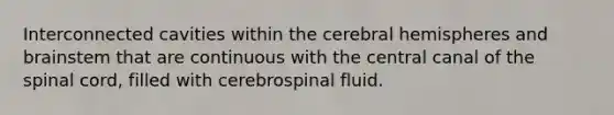 Interconnected cavities within the cerebral hemispheres and brainstem that are continuous with the central canal of <a href='https://www.questionai.com/knowledge/kkAfzcJHuZ-the-spinal-cord' class='anchor-knowledge'>the spinal cord</a>, filled with cerebrospinal fluid.