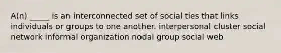 A(n) _____ is an interconnected set of social ties that links individuals or groups to one another. interpersonal cluster social network informal organization nodal group social web