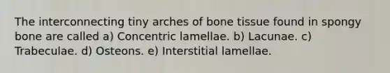 The interconnecting tiny arches of bone tissue found in spongy bone are called a) Concentric lamellae. b) Lacunae. c) Trabeculae. d) Osteons. e) Interstitial lamellae.