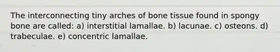 The interconnecting tiny arches of bone tissue found in spongy bone are called: a) interstitial lamallae. b) lacunae. c) osteons. d) trabeculae. e) concentric lamallae.