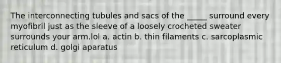 The interconnecting tubules and sacs of the _____ surround every myofibril just as the sleeve of a loosely crocheted sweater surrounds your arm.lol a. actin b. thin filaments c. sarcoplasmic reticulum d. golgi aparatus