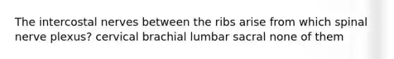 The intercostal nerves between the ribs arise from which spinal nerve plexus? cervical brachial lumbar sacral none of them