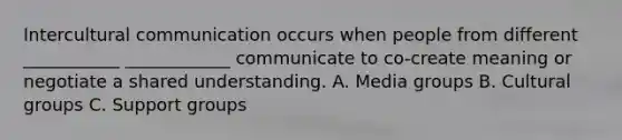 Intercultural communication occurs when people from different ___________ ____________ communicate to co-create meaning or negotiate a shared understanding. A. Media groups B. Cultural groups C. Support groups