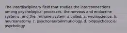 The interdisciplinary field that studies the interconnections among psychological processes, the nervous and endocrine systems, and the immune system is called: a. neuroscience. b. neuroanatomy. c. psychoneuroimmunology. d. biopsychosocial psychology.