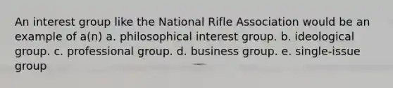 An interest group like the National Rifle Association would be an example of a(n) a. philosophical interest group. b. ideological group. c. professional group. d. business group. e. single-issue group