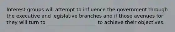 Interest groups will attempt to influence the government through the executive and legislative branches and if those avenues for they will turn to ____________________ to achieve their objectives.