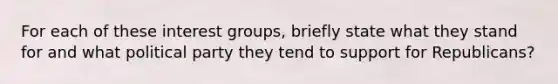 For each of these interest groups, briefly state what they stand for and what political party they tend to support for Republicans?