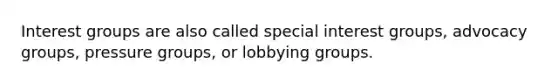 Interest groups are also called special interest groups, advocacy groups, pressure groups, or lobbying groups.