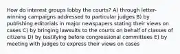 How do interest groups lobby the courts? A) through letter-winning campaigns addressed to particular judges B) by publishing editorials in major newspapers stating their views on cases C) by bringing lawsuits to the courts on behalf of classes of citizens D) by testifying before congressional committees E) by meeting with judges to express their views on cases