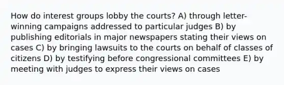 How do interest groups lobby the courts? A) through letter-winning campaigns addressed to particular judges B) by publishing editorials in major newspapers stating their views on cases C) by bringing lawsuits to the courts on behalf of classes of citizens D) by testifying before congressional committees E) by meeting with judges to express their views on cases