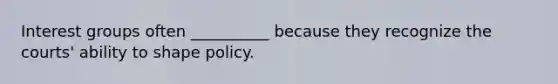Interest groups often __________ because they recognize the courts' ability to shape policy.