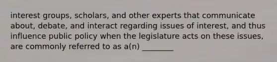 interest groups, scholars, and other experts that communicate about, debate, and interact regarding issues of interest, and thus influence public policy when the legislature acts on these issues, are commonly referred to as a(n) ________