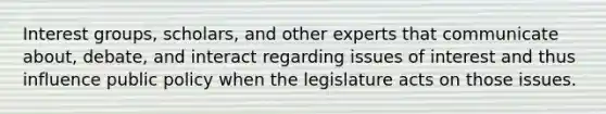 Interest groups, scholars, and other experts that communicate about, debate, and interact regarding issues of interest and thus influence public policy when the legislature acts on those issues.