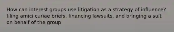 How can interest groups use litigation as a strategy of influence? filing amici curiae briefs, financing lawsuits, and bringing a suit on behalf of the group