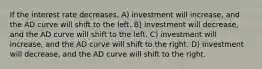 If the interest rate decreases, A) investment will increase, and the AD curve will shift to the left. B) investment will decrease, and the AD curve will shift to the left. C) investment will increase, and the AD curve will shift to the right. D) investment will decrease, and the AD curve will shift to the right.