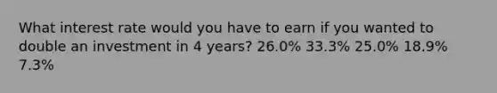 What interest rate would you have to earn if you wanted to double an investment in 4 years? 26.0% 33.3% 25.0% 18.9% 7.3%