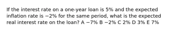 If the interest rate on a one-year loan is 5% and the expected inflation rate is −2% for the same period, what is the expected real interest rate on the loan? A −7% B −2% C 2% D 3% E 7%