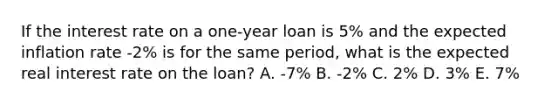 If the interest rate on a one-year loan is 5% and the expected inflation rate -2% is for the same period, what is the expected real interest rate on the loan? A. -7% B. -2% C. 2% D. 3% E. 7%