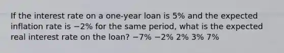 If the interest rate on a one-year loan is 5% and the expected inflation rate is −2% for the same period, what is the expected real interest rate on the loan? −7% −2% 2% 3% 7%