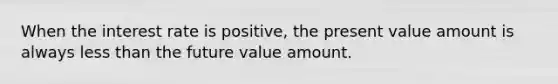 When the interest rate is positive, the present value amount is always less than the future value amount.