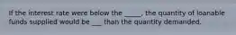 If the interest rate were below the _____, the quantity of loanable funds supplied would be ___ than the quantity demanded.