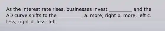 As the interest rate rises, businesses invest __________ and the AD curve shifts to the __________. a. more; right b. more; left c. less; right d. less; left