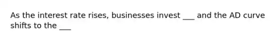 As the interest rate rises, businesses invest ___ and the AD curve shifts to the ___