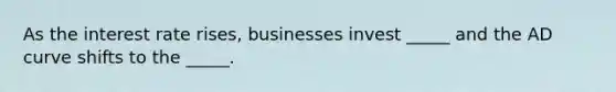 As the interest rate rises, businesses invest _____ and the AD curve shifts to the _____.