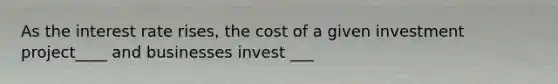 As the interest rate rises, the cost of a given investment project____ and businesses invest ___