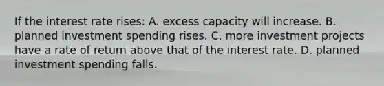 If the interest rate rises: A. excess capacity will increase. B. planned investment spending rises. C. more investment projects have a rate of return above that of the interest rate. D. planned investment spending falls.