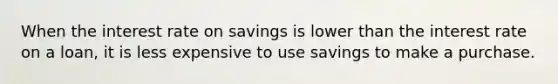 When the interest rate on savings is lower than the interest rate on a loan, it is less expensive to use savings to make a purchase.