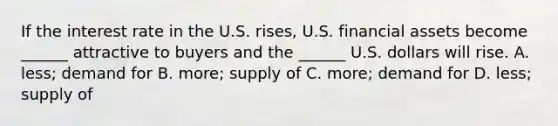 If the interest rate in the U.S. rises, U.S. financial assets become ______ attractive to buyers and the ______ U.S. dollars will rise. A. less; demand for B. more; supply of C. more; demand for D. less; supply of