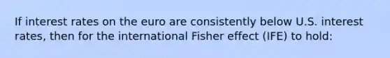 If interest rates on the euro are consistently below U.S. interest rates, then for the international Fisher effect (IFE) to hold: