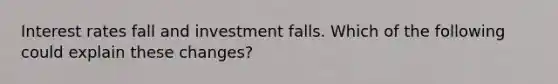 Interest rates fall and investment falls. Which of the following could explain these changes?