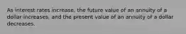 As interest rates increase, the future value of an annuity of a dollar increases, and the present value of an annuity of a dollar decreases.